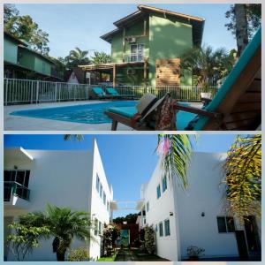 a collage of two pictures of a house and a pool at Encantada Floripa in Florianópolis