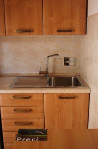 uma cozinha com um lavatório de aço inoxidável e armários de madeira em Agriturismo Monti Sibillini Camperato em Preci