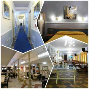 un collage de quatre photos d'un hall d'hôtel dans l'établissement Hotel Blumentag, à Paola