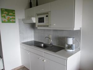 a kitchen with a sink and a microwave at De Panne Plaza in De Panne