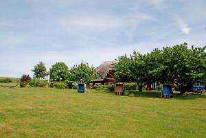 Neu ReddevitzにあるKarolas Landhus unterm Reetdachの家の前に三つのゴミ箱がある畑