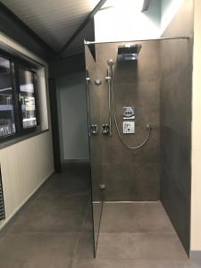 eine Dusche in einem Zimmer mit Glastür in der Unterkunft BlackRock in Stalden