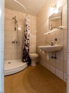 a bathroom with a toilet and a sink and a shower at Humala Guest House in Tallinn