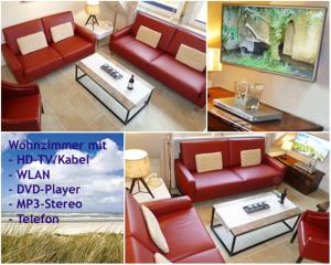 un collage de cuatro fotos de una sala de estar en FERIENWOHNUNG DEICHWIESE SYLT-WESTERLAND 2-5 Personen-3 Schlafzimmer-Terrasse, en Westerland