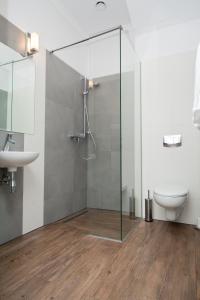 a bathroom with a shower and a toilet and a sink at Dworek Bukowy Park in Szczecin +12 photos