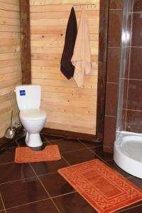 een badkamer met een toilet, een douche en een bad bij Szlachta Cottage in Boekovel