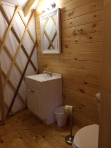 a bathroom with a toilet and a sink and a mirror at Circle M Camping Resort 24 ft. Yurt 2 in Lancaster