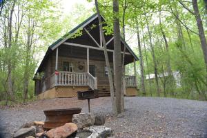 Appalachian Camping Resort Log Home 6 في Shartlesville: كابينة خشب فيها شواية