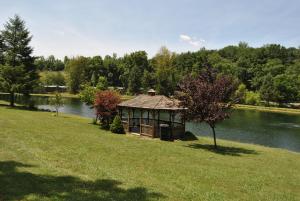 a gazebo in the grass next to a lake at Robin Hill Camping Resort Two-Bedroom Cottage 6 in Lenhartsville