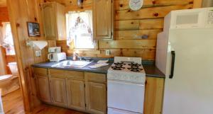 Robin Hill Camping Resort Deluxe Cottage 13 في Lenhartsville: مطبخ مع موقد وثلاجة بيضاء