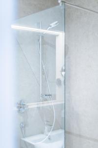 ein Badezimmer mit einer Dusche, einem Waschbecken und einer Glastür in der Unterkunft Felsen8 in Heidenheim