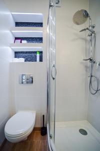 a bathroom with a shower with a toilet and a sink at Apartament Mięta in Karpacz