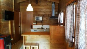eine Küche mit Holzwänden und einer Spüle und einer Mikrowelle in der Unterkunft Bungalows Nou Camping in La Guingueta d'Àneu + 54 Fotos
