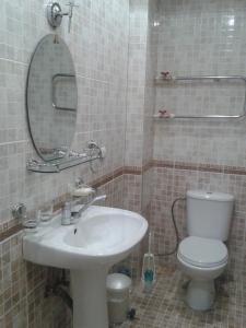 La salle de bains est pourvue d'un lavabo, de toilettes et d'un miroir. dans l'établissement Hostel64, à Almaty