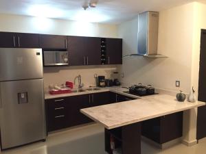 a kitchen with black cabinets and a stainless steel refrigerator at EV Marinos in Mazatlán