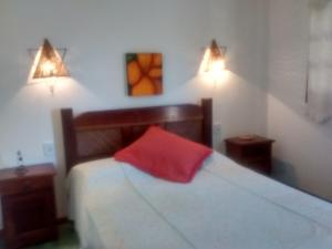 ノーヴァ・ヴィソザにあるPousada Do Cajuのベッドルーム1室(赤い枕付きのベッド1台付)