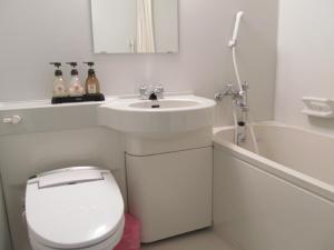 a bathroom with a sink and a toilet and a bath tub at Wisterian Life Club Nojiriko in Shinano