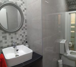 a bathroom with a sink and a mirror and a toilet at Piso Vacacional in San Juan de Alicante
