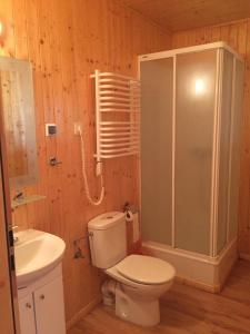 y baño con aseo, ducha y lavamanos. en Casa Rural Cuesta Grande en Pelabravo