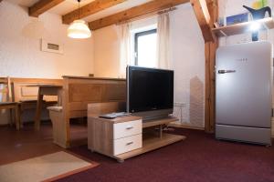 a living room with a tv and a refrigerator at Urlaub auf dem Weberhof in Waldkirchen