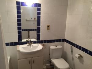 a bathroom with a sink and a toilet and a mirror at The Tudor Hotel in Harrow