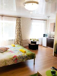 ein Schlafzimmer mit einem Bett in einem Zimmer mit einer Küche in der Unterkunft Bishkek House Apartment 3 in Bischkek