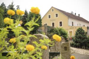 una casa con flores amarillas delante de ella en Dubina, en Kysibl Kyselka