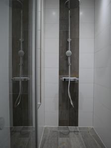 a shower with a glass door in a bathroom at Apartment Haltern in Haltern