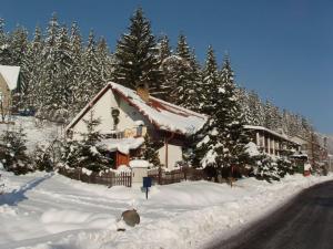 a house covered in snow next to a road at Chata Barborka in Horní Bečva