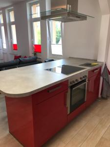 une cuisine avec des placards rouges et un comptoir dans l'établissement Ferienwohnung Zenobia, à Neu Roggentin