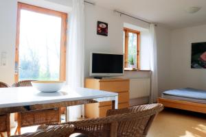 ein Wohnzimmer mit einem TV, einem Tisch und Stühlen in der Unterkunft Ferienwohnung mit Tiny House in Freienwill