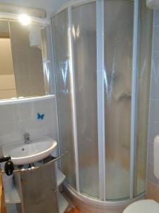 La salle de bains est pourvue d'une douche et d'un lavabo. dans l'établissement Nagelj 1, à Martjanci