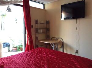 a bedroom with a red bed and a tv on the wall at Hostal Brisas del Sur in Temuco