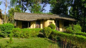 ein kleines gelbes Haus mit einem Dach in der Unterkunft Jungle Base Camp in Bardiyā
