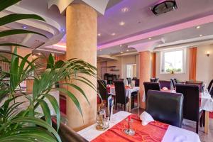 a restaurant with tables and chairs and a plant at Hotel zum Ochsen in Bietigheim