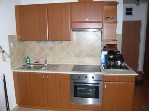 a kitchen with a sink and a stove top oven at Galerius Apartment in Siófok