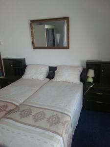 2 camas en una habitación con espejo en la pared en All-In Hotel en Den Bosch