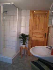 a bathroom with a tub and a sink and a shower at Kammbaude in Hermsdorf