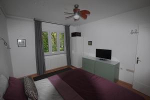a bedroom with a bed and a ceiling fan at Jazzy Apartment Zagreb in Zagreb