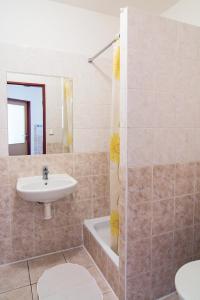 La salle de bains est pourvue d'un lavabo, de toilettes et d'une baignoire. dans l'établissement Hotel Hůrka, à Pardubice