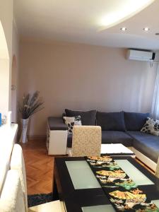 Vrnjačka BanjaにあるApartment Alohaの青いソファとテーブルのあるリビングルーム
