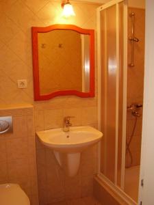 a bathroom with a sink and a mirror and a toilet at Apartment Marijana in Dubrovnik
