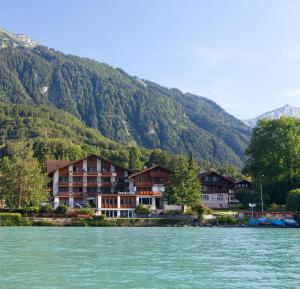 a group of houses on the shore of a lake at Seehotel Bönigen in Bönigen
