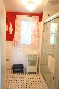 baño con ducha y TV. en Awesome Flat Top Farmhouse, en Ghent