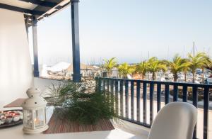卡列羅港的住宿－VistAgua，阳台享有码头和棕榈树的景致。