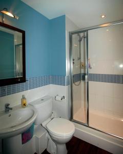 e bagno con servizi igienici, lavandino e doccia. di Sunnybank House in North Epsom a Epsom