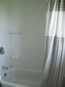 a bathroom with a shower curtain and a tub at Eastwood Motel in Woodstock