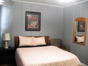 a bedroom with a white bed and a mirror at Eastwood Motel in Woodstock