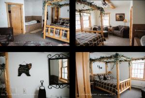 three pictures of a bedroom with two beds and a mirror at Second Wind Country Inn in Ashland