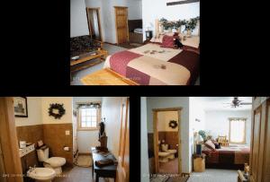 2 fotos de un dormitorio con cama y baño en Second Wind Country Inn en Ashland